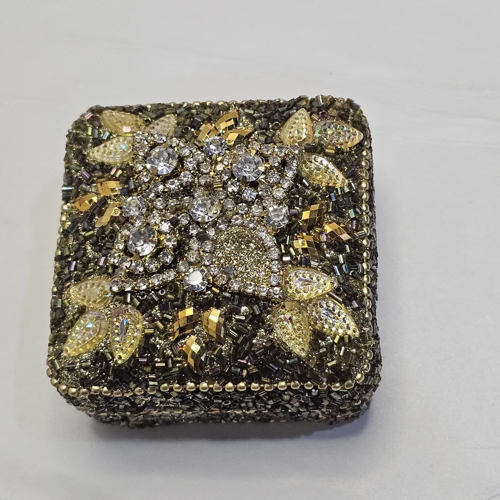 BOHO Gold & Colored Beads - Beaded Metal Trinket Box Small Vintage ** READ **